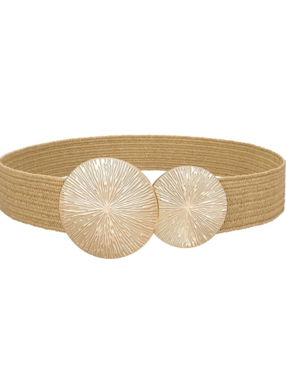 Women's Woven Straw Elastic Belt, Boho Rattan Waist Belt with Gold Buckle for